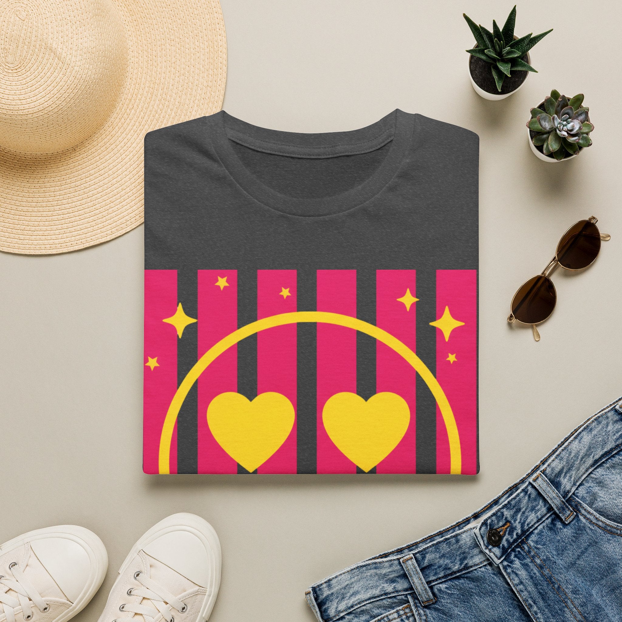 Smile Heart Tee — Retro Pink Stripe Smiley Shirt