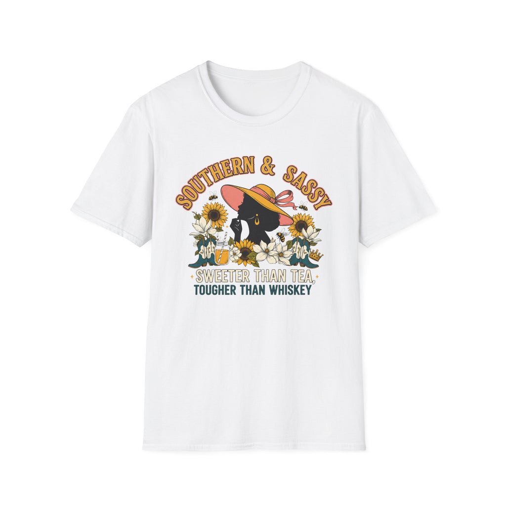 Southern & Sassy T-Shirt — Sunflower Hat Black Cat Tee ("Sweeter Than Tea, Tougher Than Whiskey")