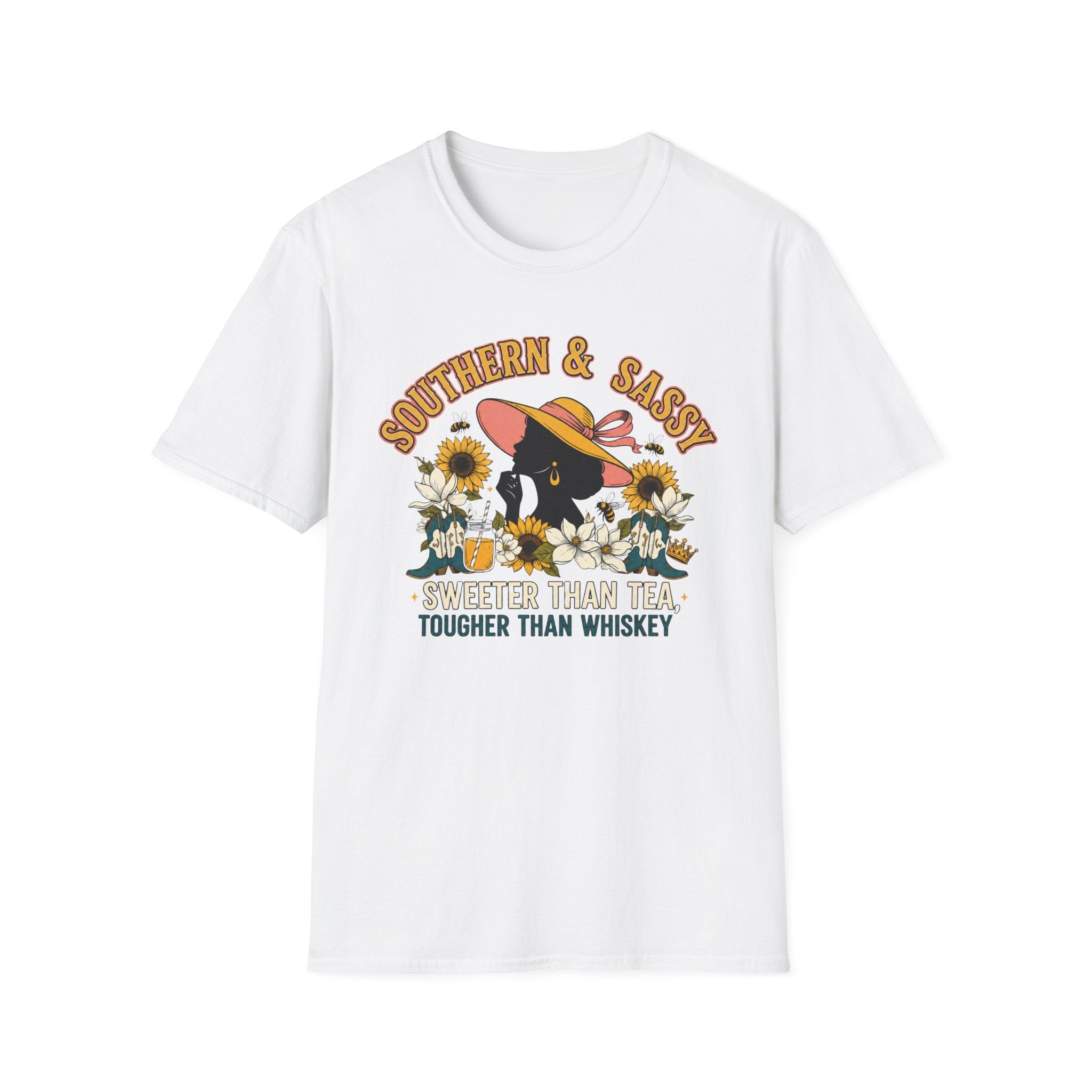 Southern & Sassy T-Shirt — Sunflower Hat Black Cat Tee ("Sweeter Than Tea, Tougher Than Whiskey")