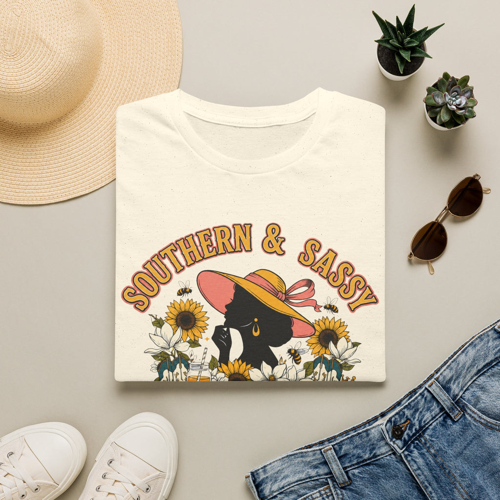 Southern & Sassy T-Shirt — Sunflower Hat Black Cat Tee ("Sweeter Than Tea, Tougher Than Whiskey")