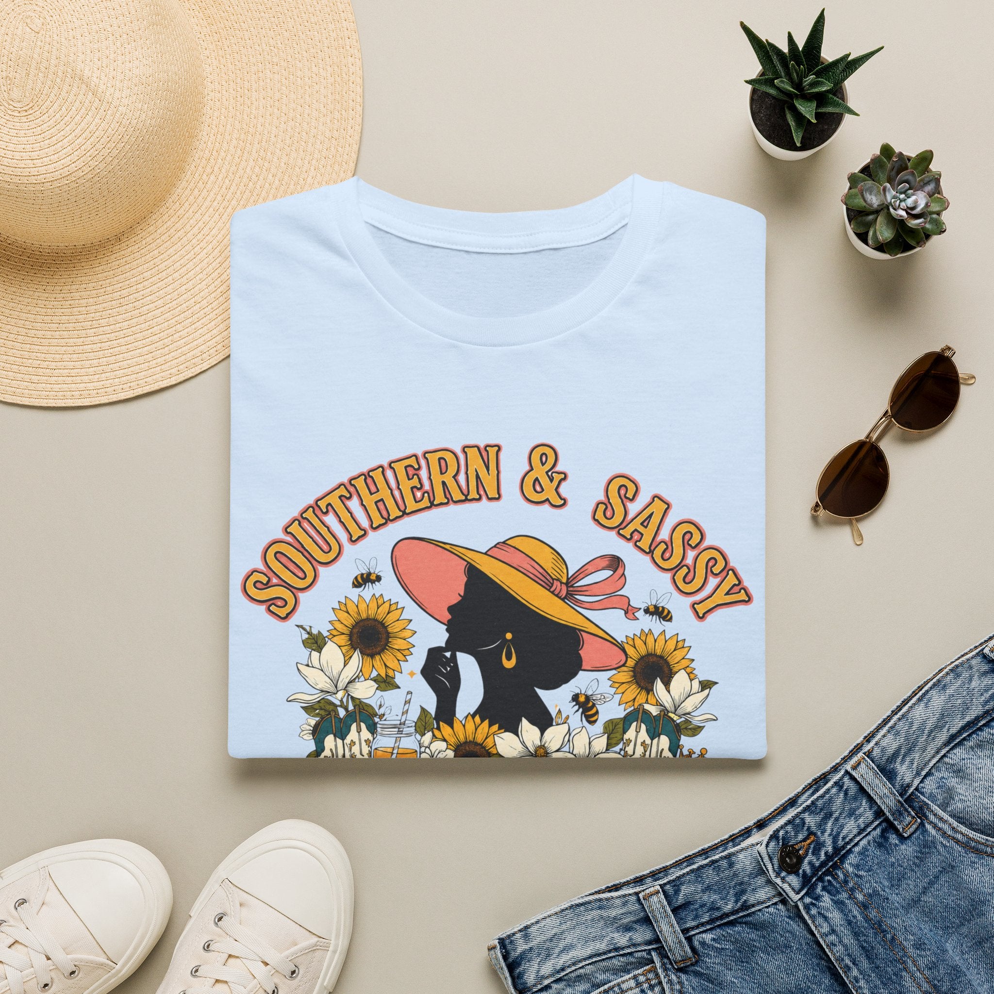 Southern & Sassy T-Shirt — Sunflower Hat Black Cat Tee ("Sweeter Than Tea, Tougher Than Whiskey")