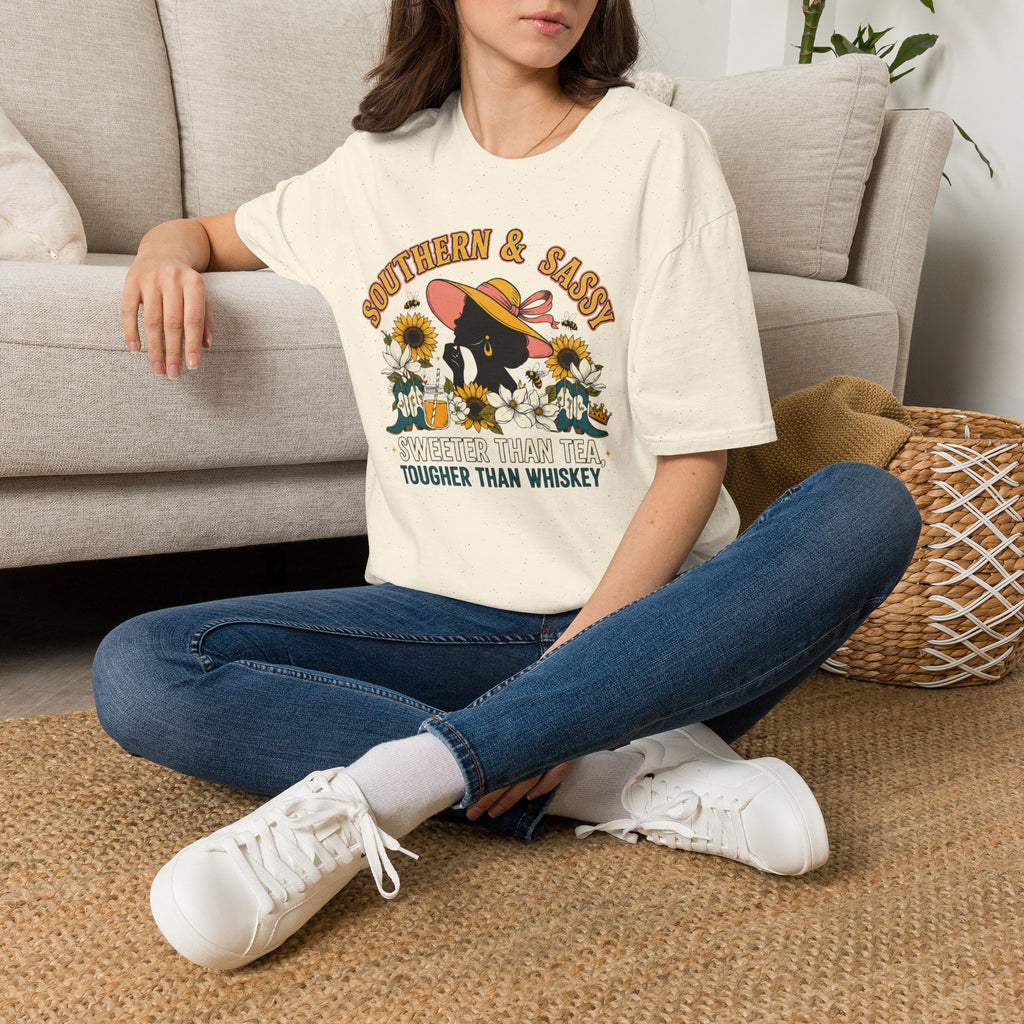 Southern & Sassy T-Shirt — Sunflower Hat Black Cat Tee ("Sweeter Than Tea, Tougher Than Whiskey")