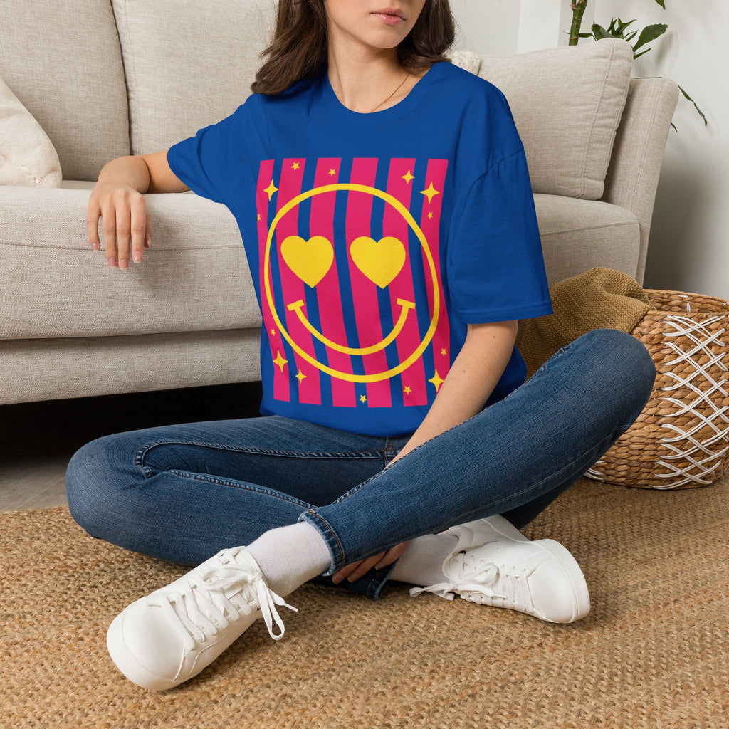 Smile Heart Tee — Retro Pink Stripe Smiley Shirt