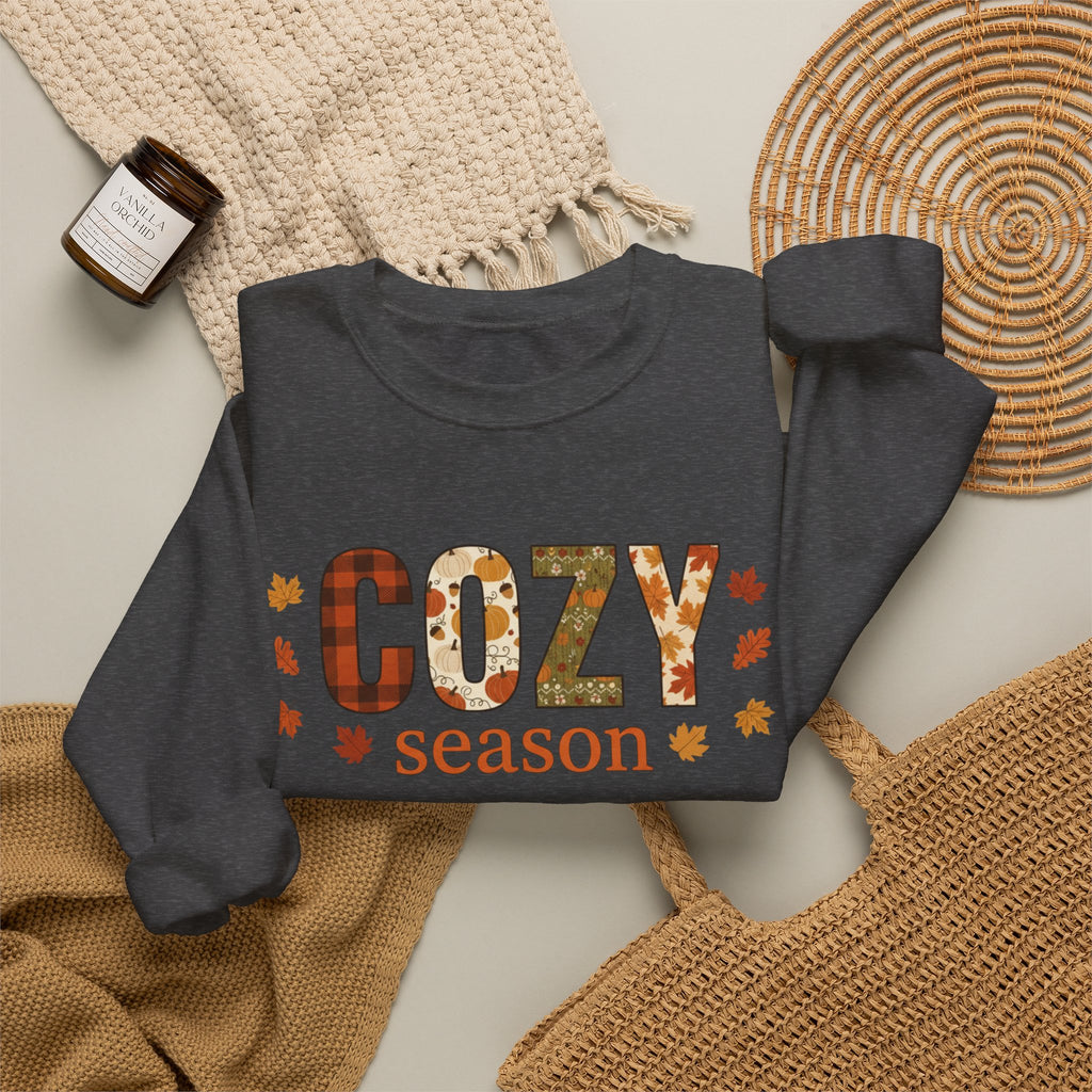 Cozy Season Sweatshirt — Fall Leaves Plaid Autumn Crewneck