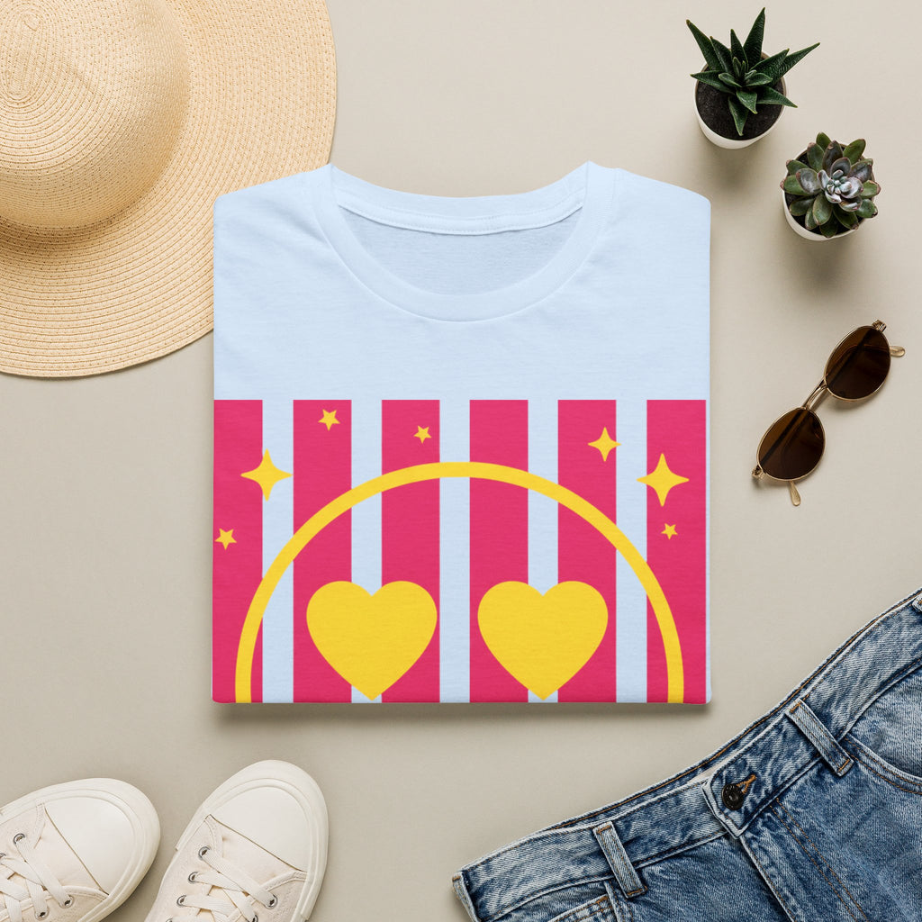 Smile Heart Tee — Retro Pink Stripe Smiley Shirt