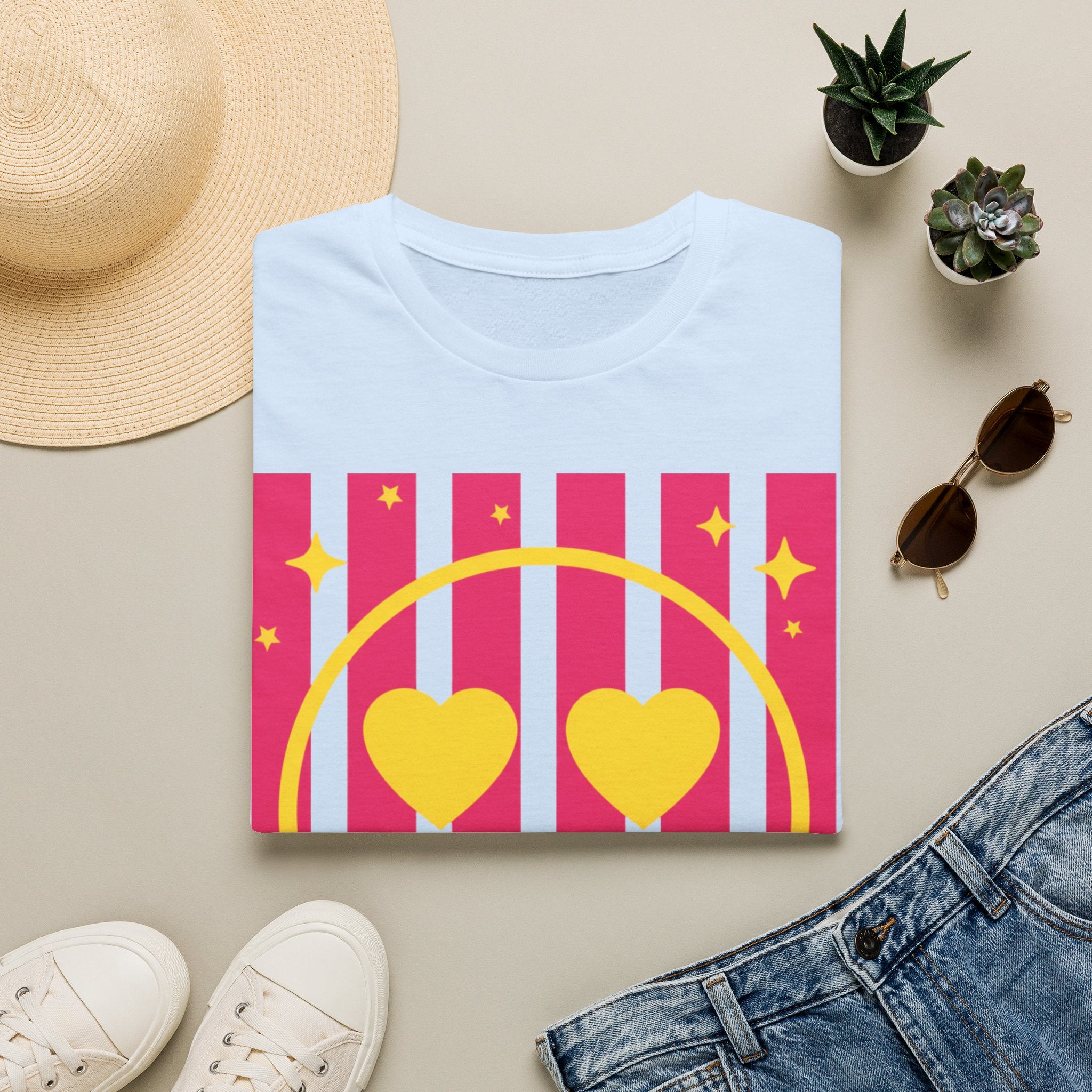Smile Heart Tee — Retro Pink Stripe Smiley Shirt