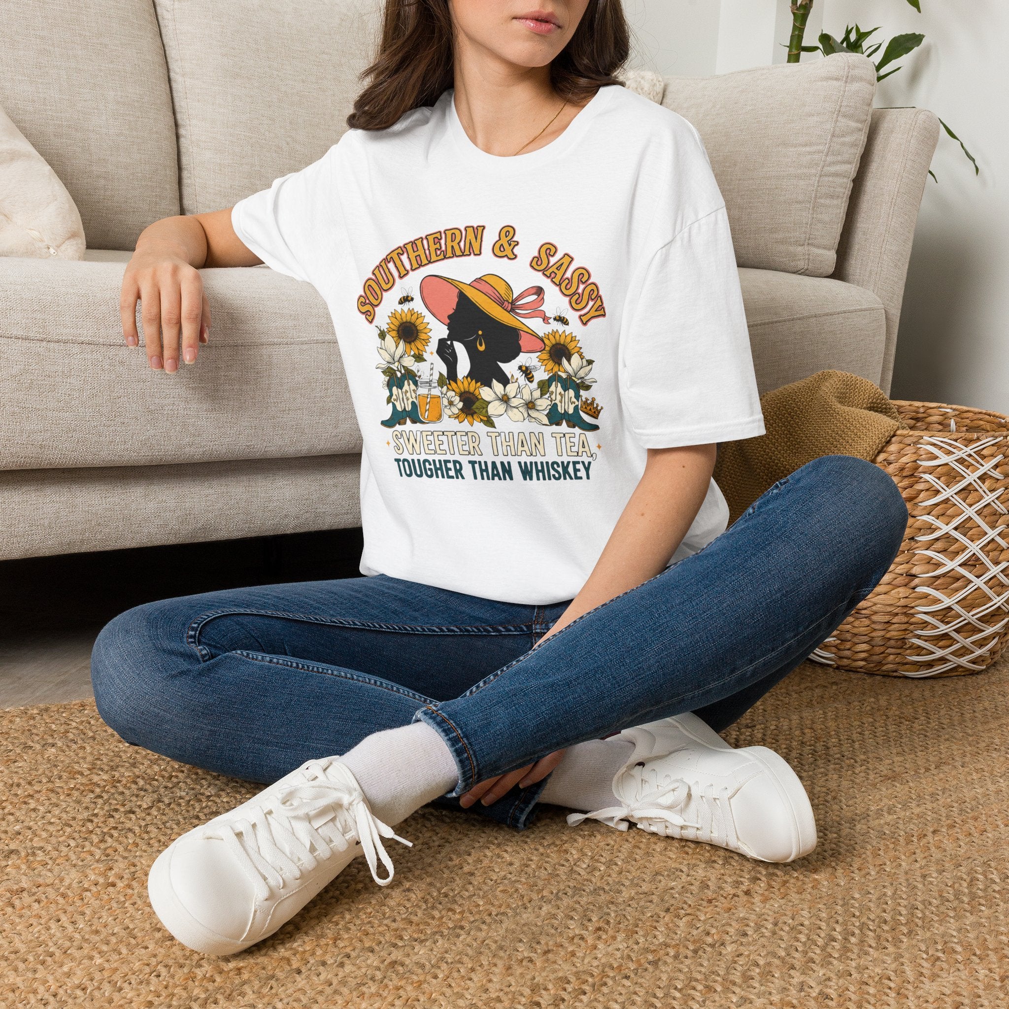 Southern & Sassy T-Shirt — Sunflower Hat Black Cat Tee ("Sweeter Than Tea, Tougher Than Whiskey")