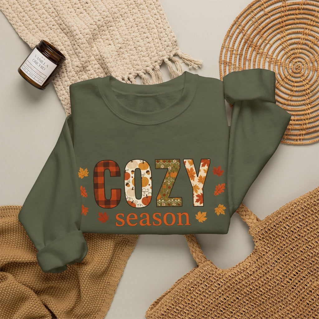 Cozy Season Sweatshirt — Fall Leaves Plaid Autumn Crewneck