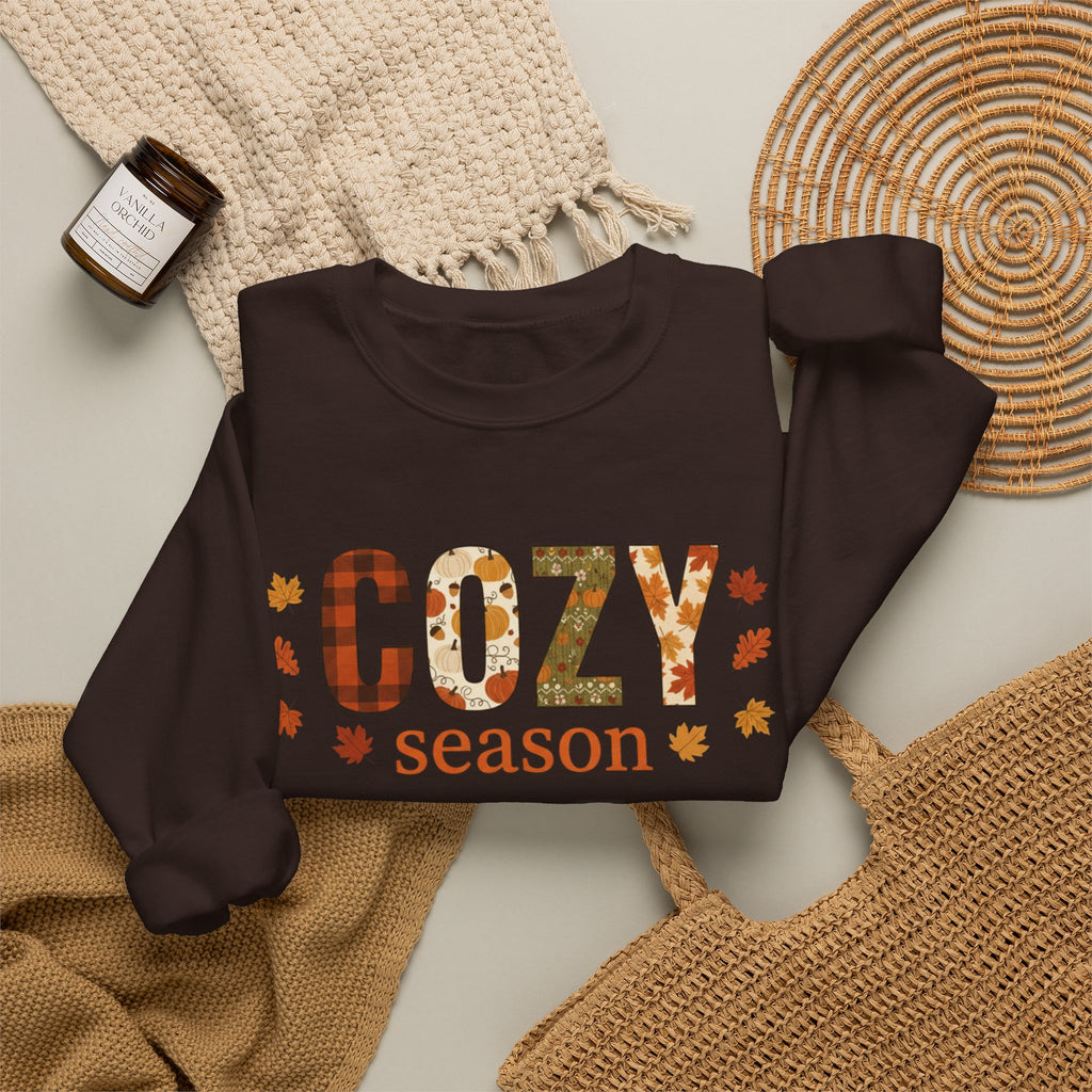 Cozy Season Sweatshirt — Fall Leaves Plaid Autumn Crewneck