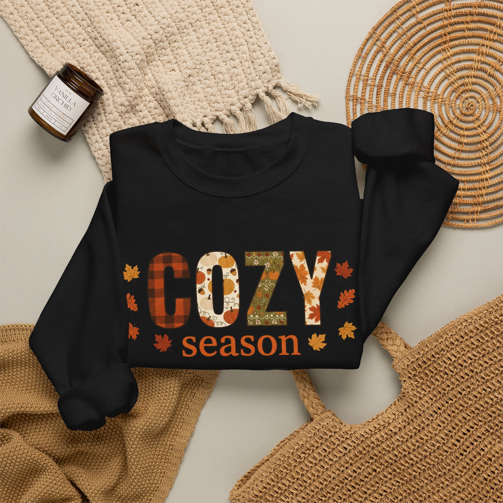 Cozy Season Sweatshirt — Fall Leaves Plaid Autumn Crewneck