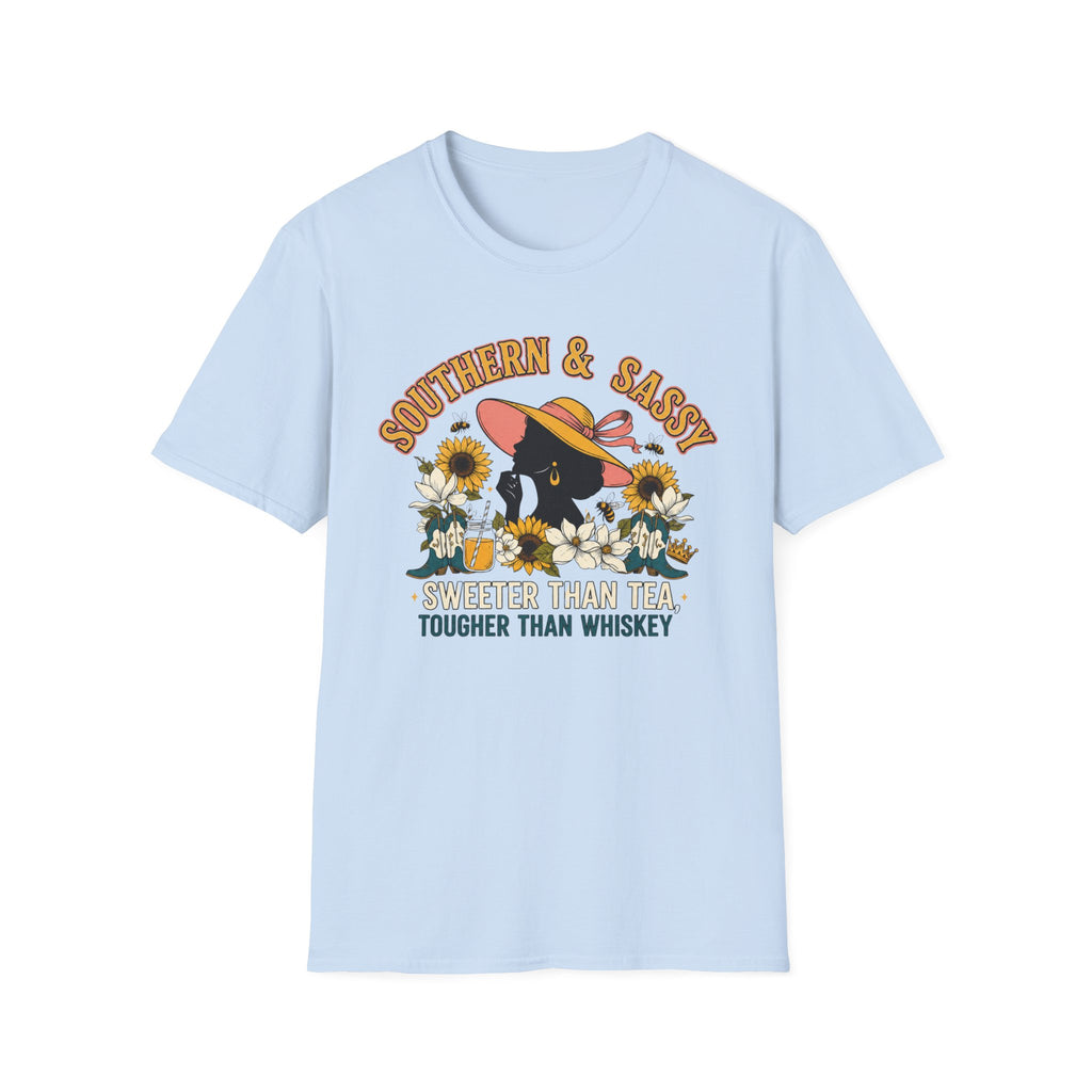 Southern & Sassy T-Shirt — Sunflower Hat Black Cat Tee ("Sweeter Than Tea, Tougher Than Whiskey")
