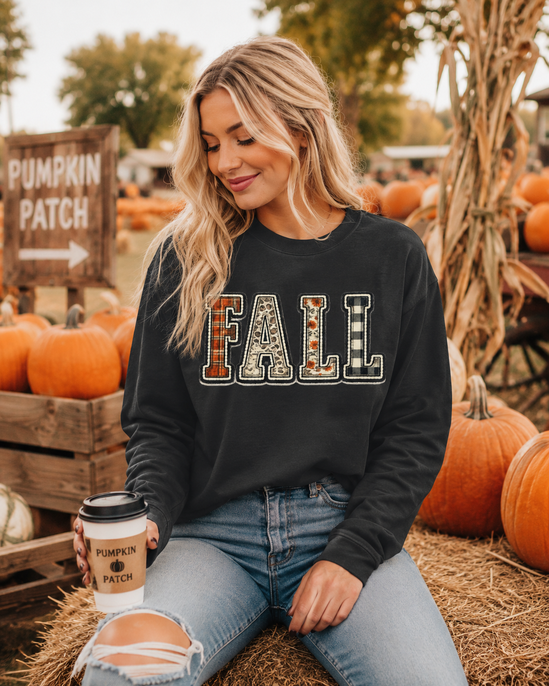 Fall Plaid Patch Long Sleeve Tee
