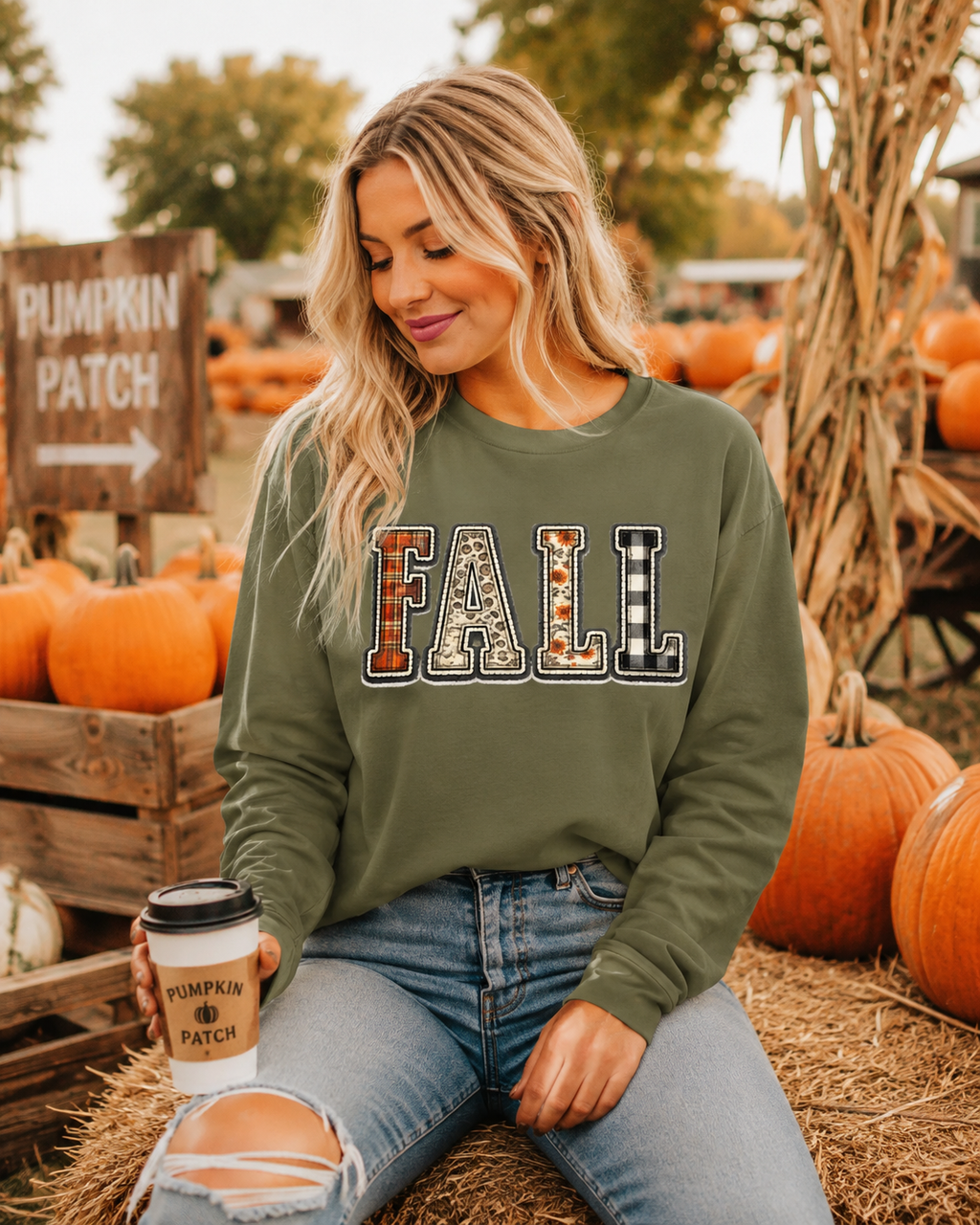 Fall Plaid Patch Long Sleeve Tee