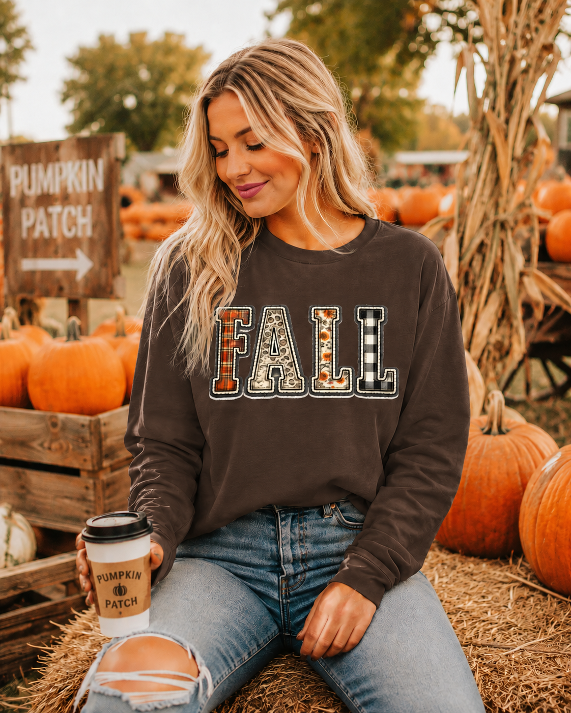 Fall Plaid Patch Long Sleeve Tee