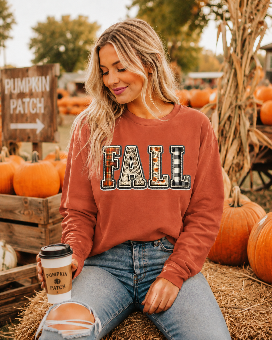 Fall Plaid Patch Long Sleeve Tee