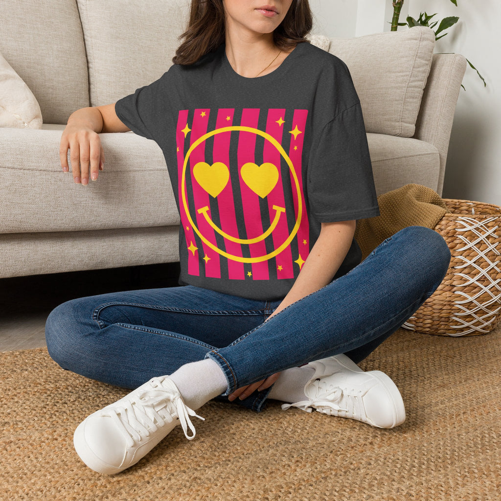 Smile Heart Tee — Retro Pink Stripe Smiley Shirt