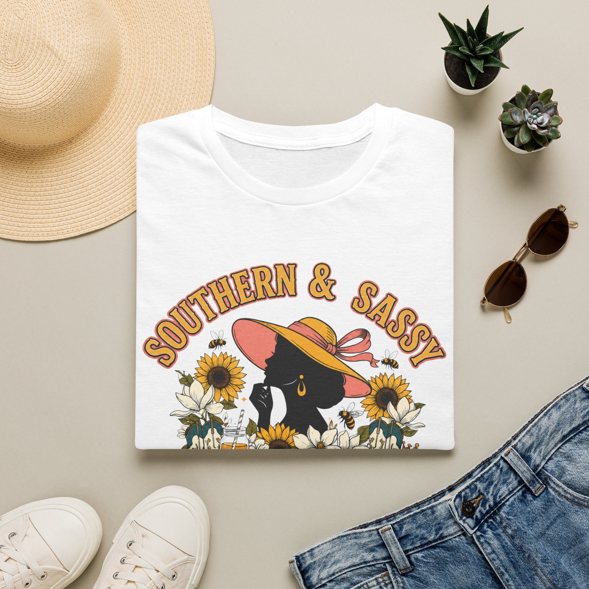 Southern & Sassy T-Shirt — Sunflower Hat Black Cat Tee ("Sweeter Than Tea, Tougher Than Whiskey")
