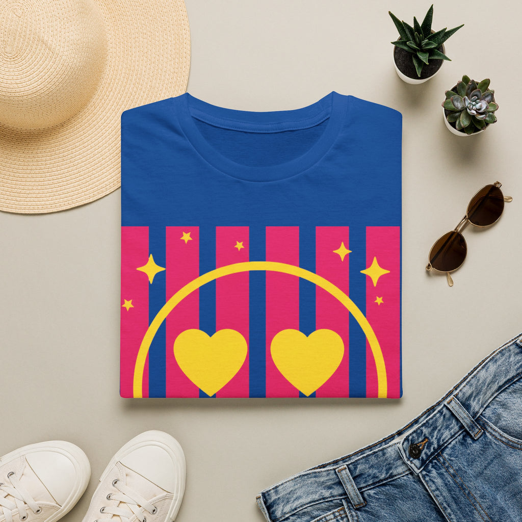 Smile Heart Tee — Retro Pink Stripe Smiley Shirt