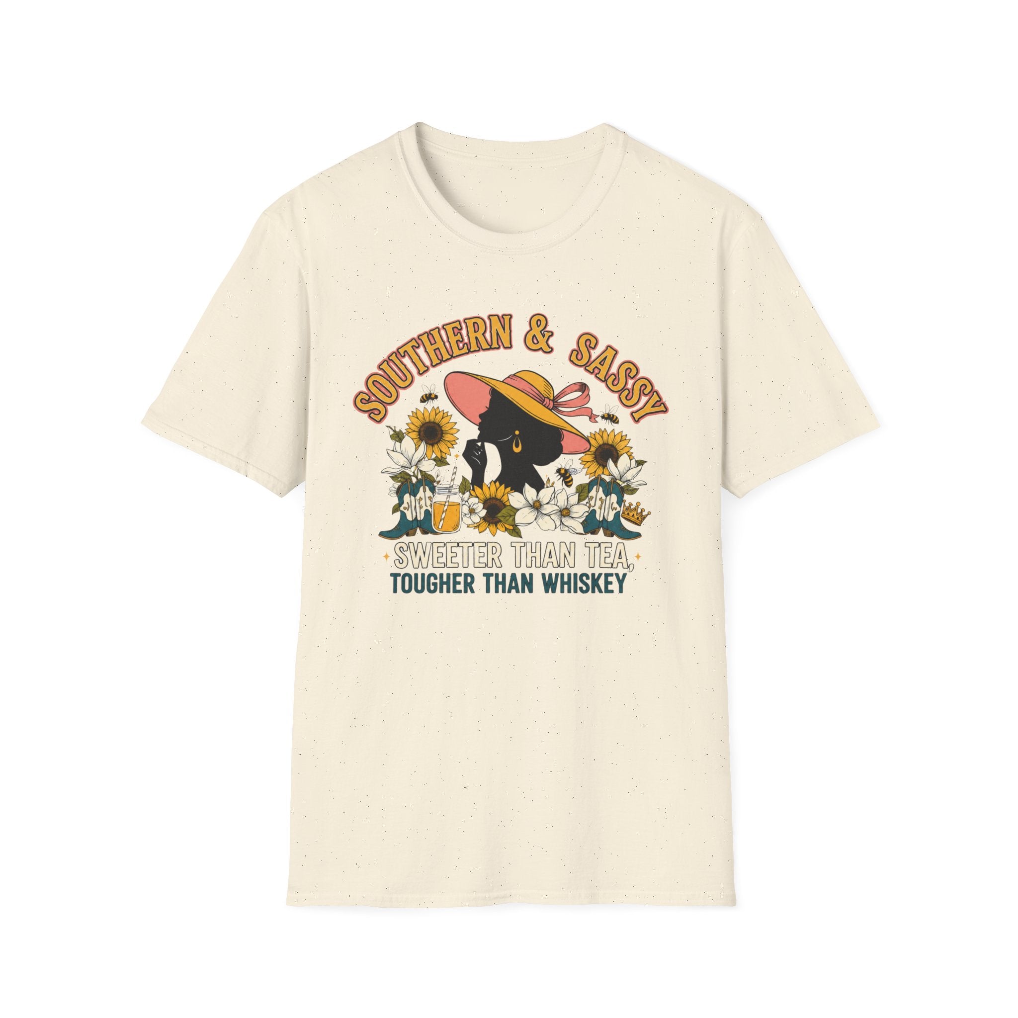 Southern & Sassy T-Shirt — Sunflower Hat Black Cat Tee ("Sweeter Than Tea, Tougher Than Whiskey")