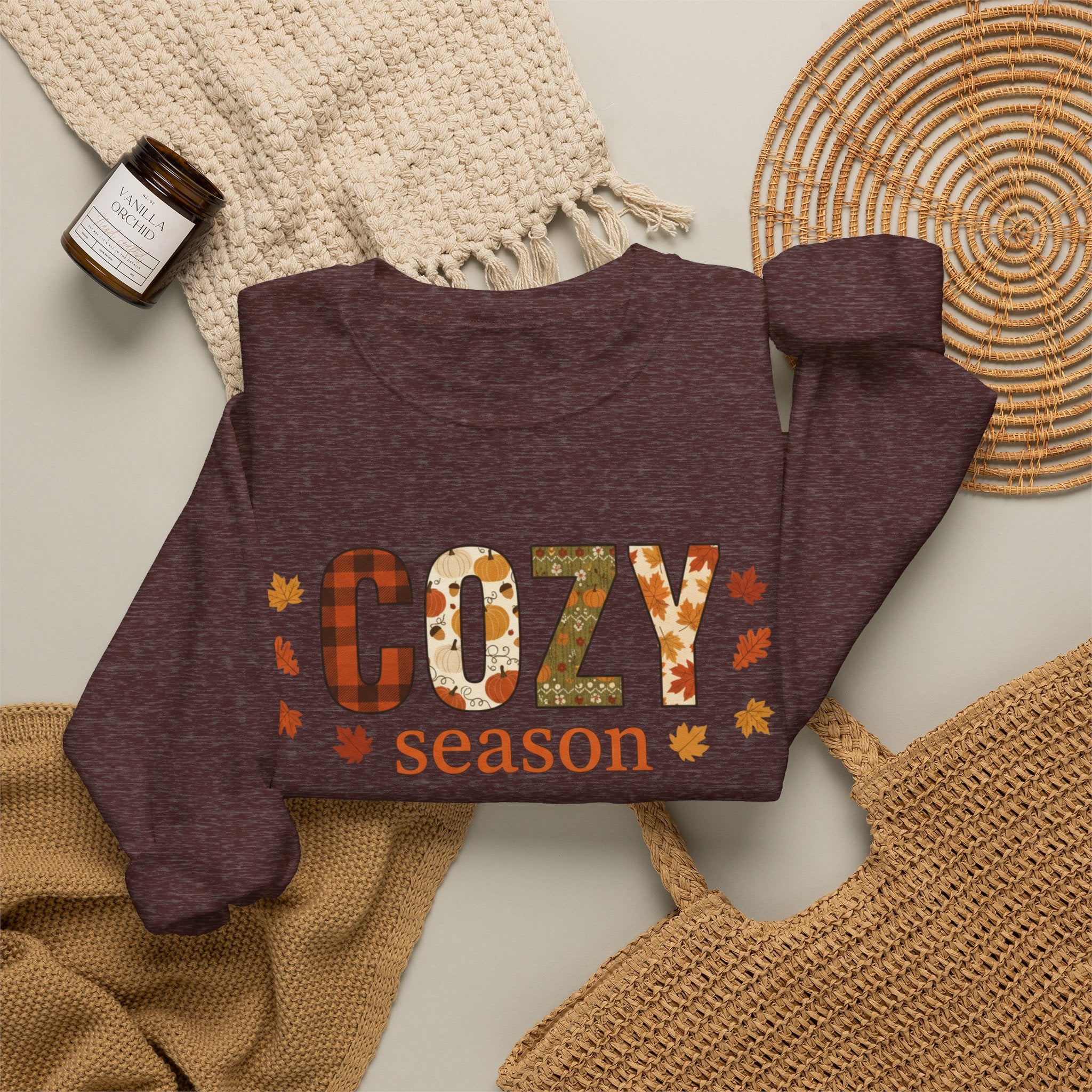 Cozy Season Sweatshirt — Fall Leaves Plaid Autumn Crewneck