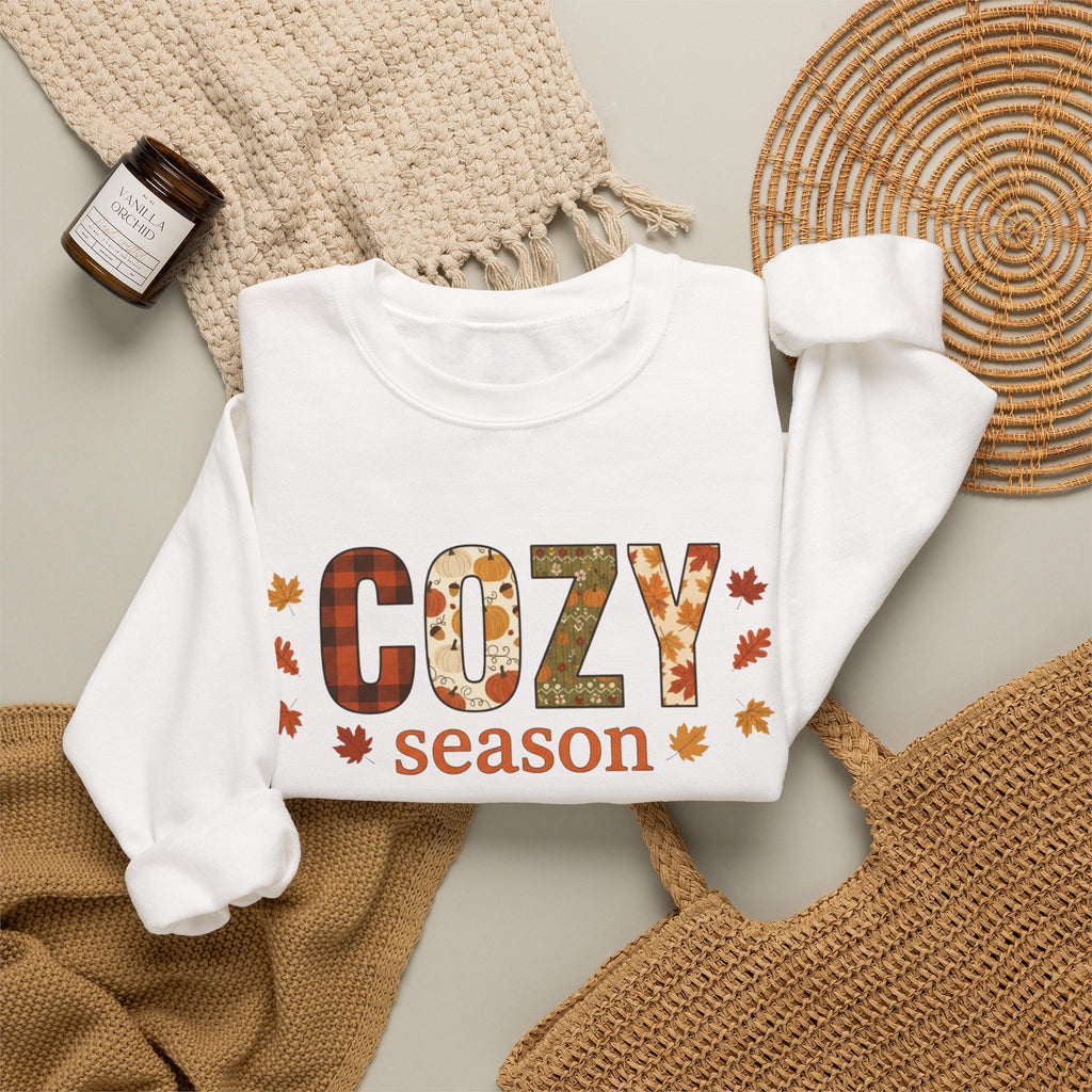 Cozy Season Sweatshirt — Fall Leaves Plaid Autumn Crewneck