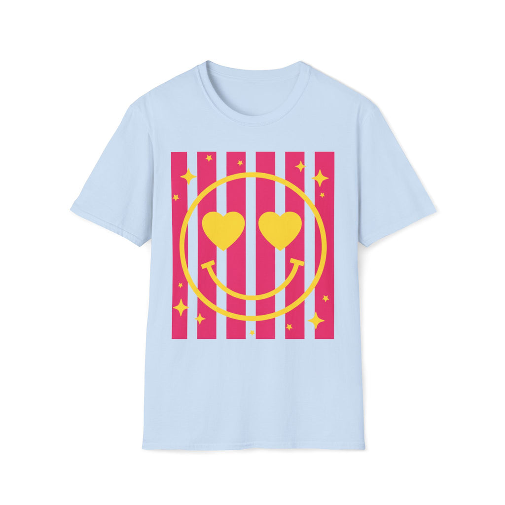 Smile Heart Tee — Retro Pink Stripe Smiley Shirt