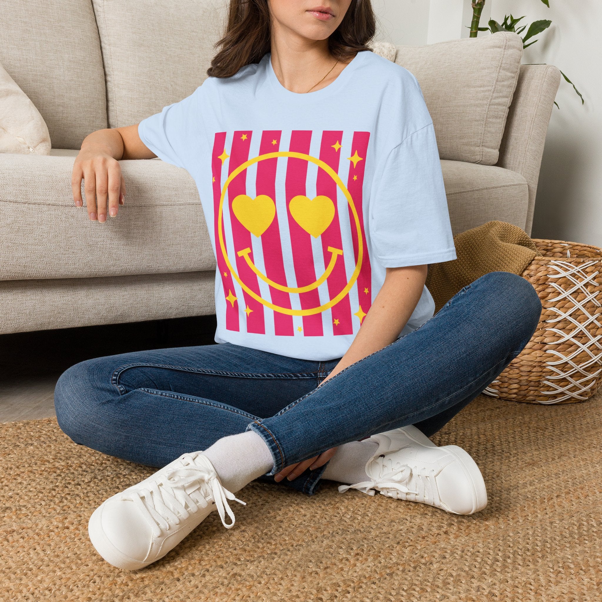 Smile Heart Tee — Retro Pink Stripe Smiley Shirt
